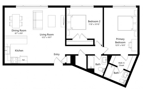 Floor plan for 2 beds, 2 baths, 957 sqft